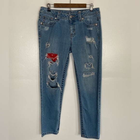 Miss Me Boyfriend Ankle Women's Jeans Size 28 Distressed Patchwork Artsy - Picture 1 of 13